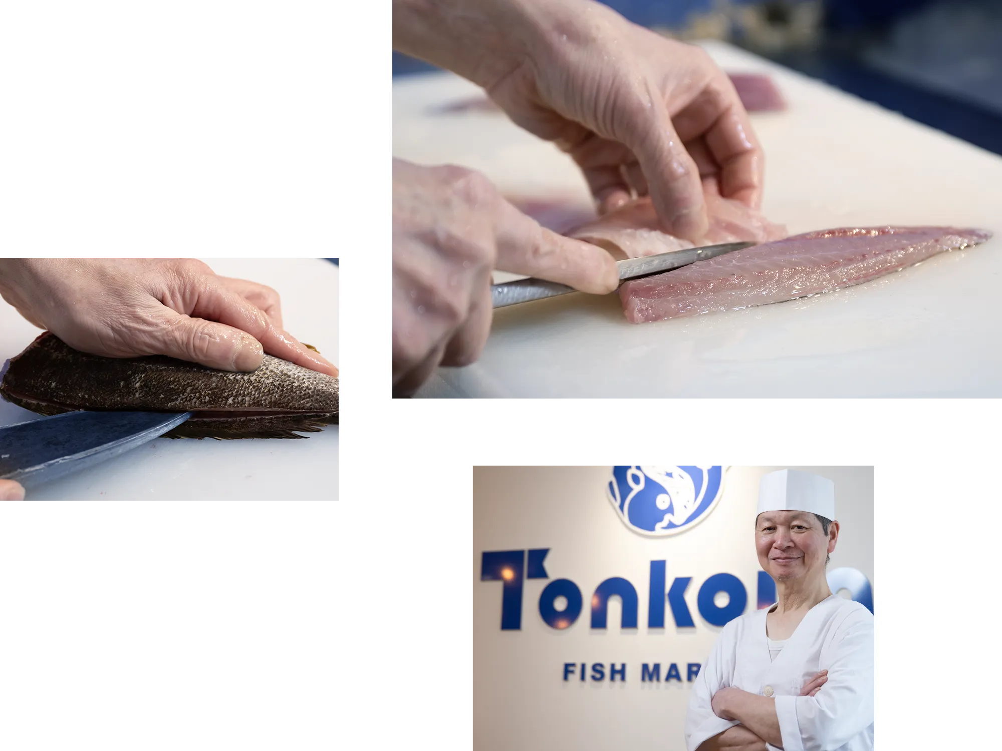 鮮魚をさばく手先の写真と看板の前で腕組みをする総料理長の写真